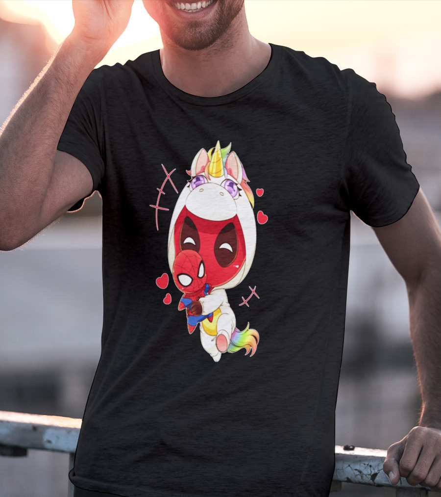 Deadpool IN Unicorn Costume Hugging Spiderman Plush With Hearts And Smiling Face T-Shirt