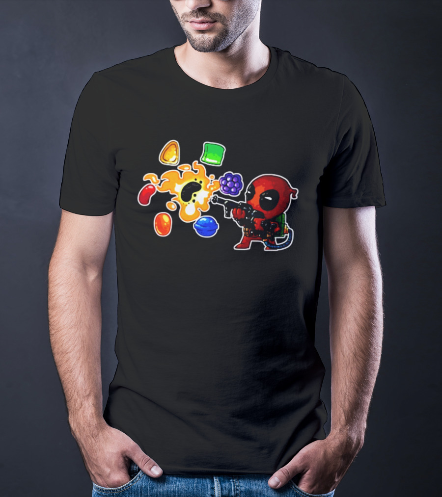 Deadpool Candy Explosion With Shooting Gun And Colorful Sweets T-Shirt