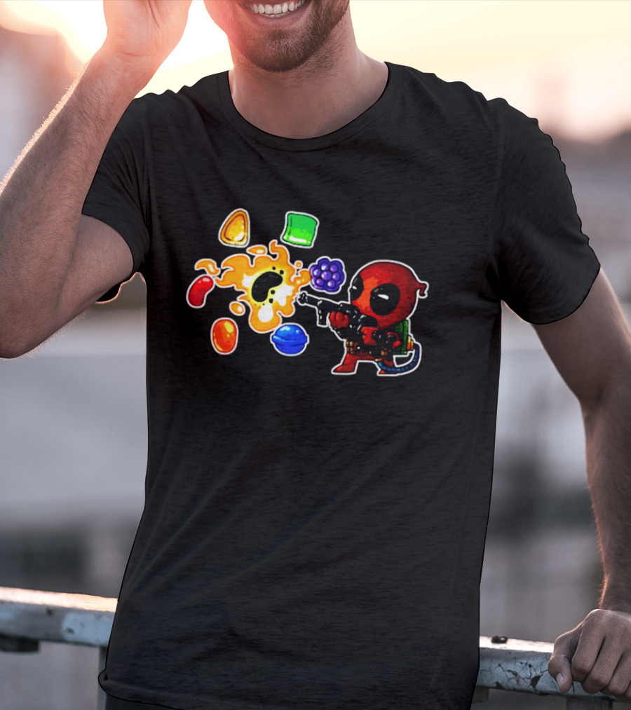 Deadpool Candy Explosion With Shooting Gun And Colorful Sweets T-Shirt