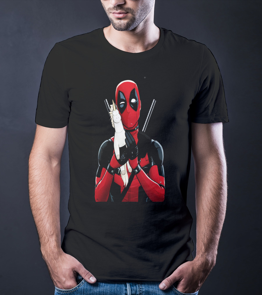 Deadpool Hugging Unicorn Toy With Iconic Red And Black Suit T-Shirt