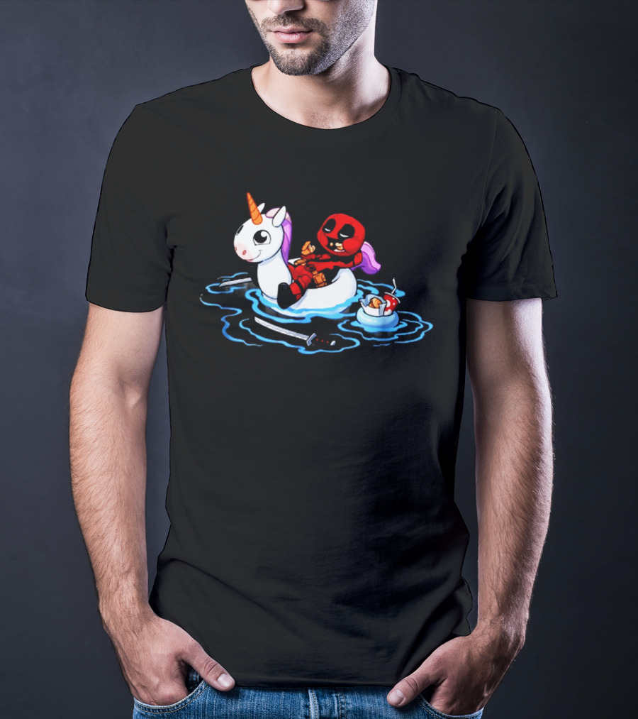 Deadpool Relaxing On Inflatable Unicorn With Rubber Duck And Swords T-Shirt