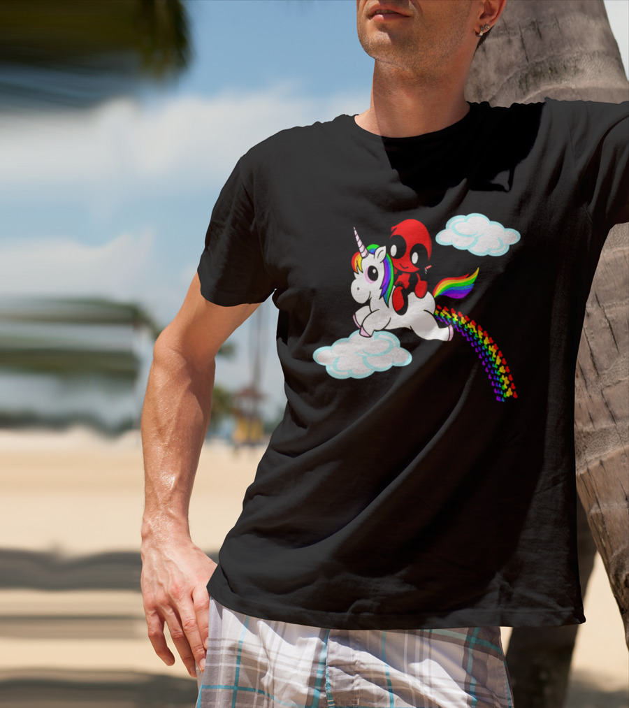 Deadpool Riding Rainbow Unicorn In Clouds T-Shirt