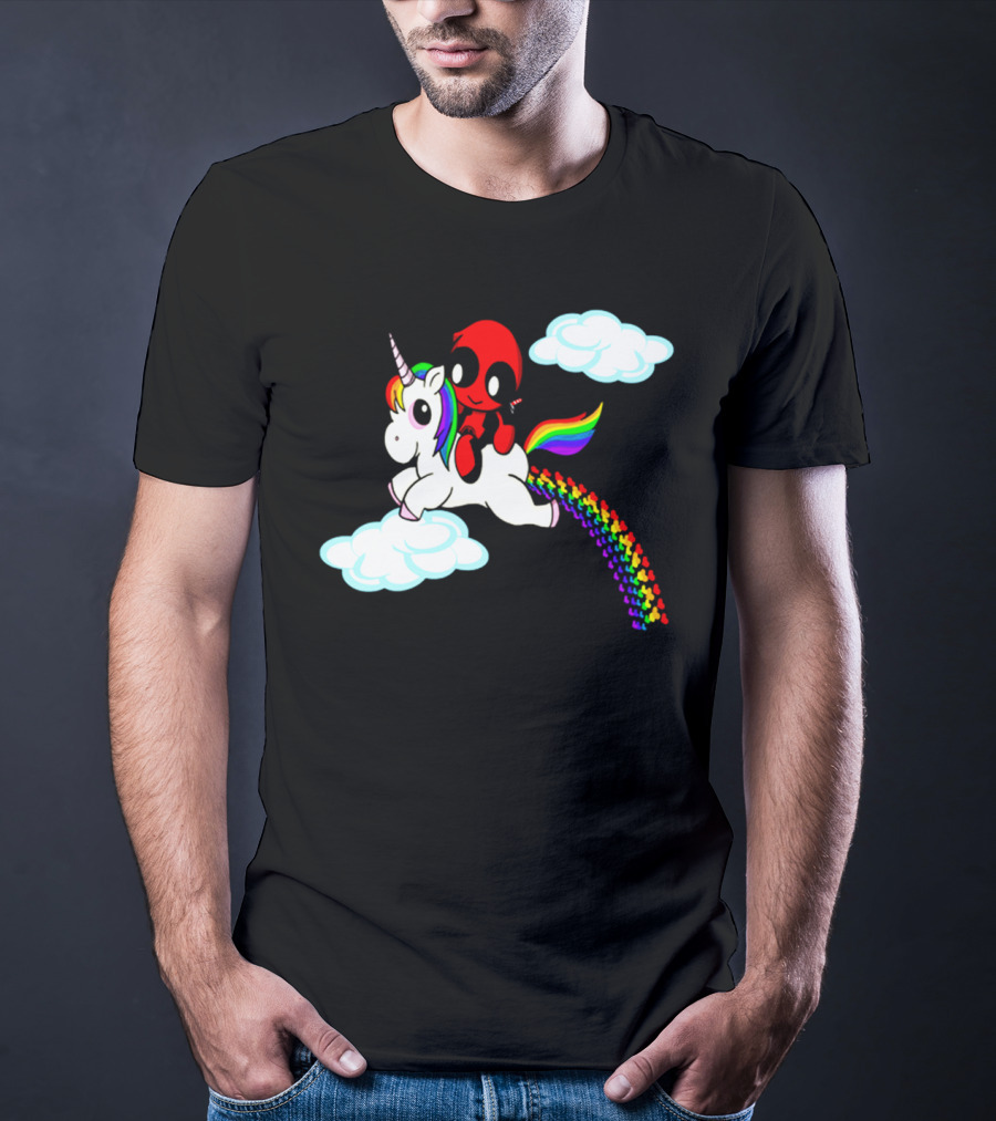 Deadpool Riding Rainbow Unicorn In Clouds T-Shirt