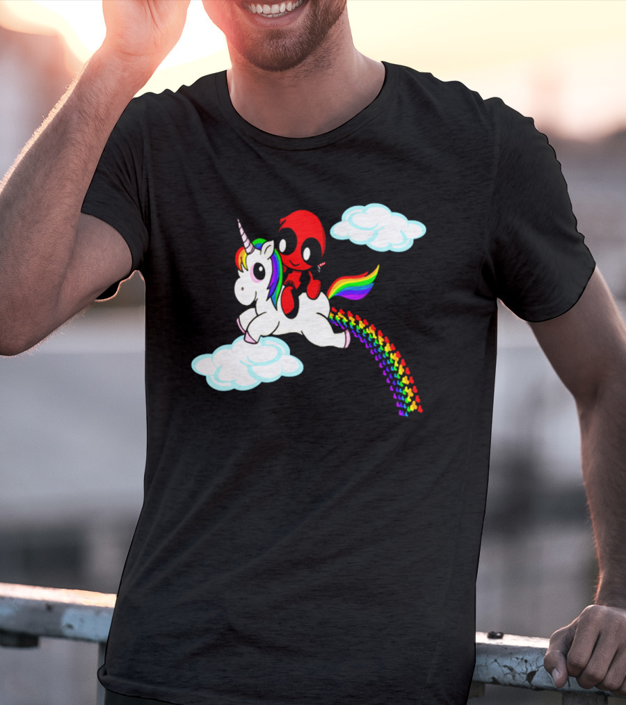 Deadpool Riding Rainbow Unicorn In Clouds T-Shirt