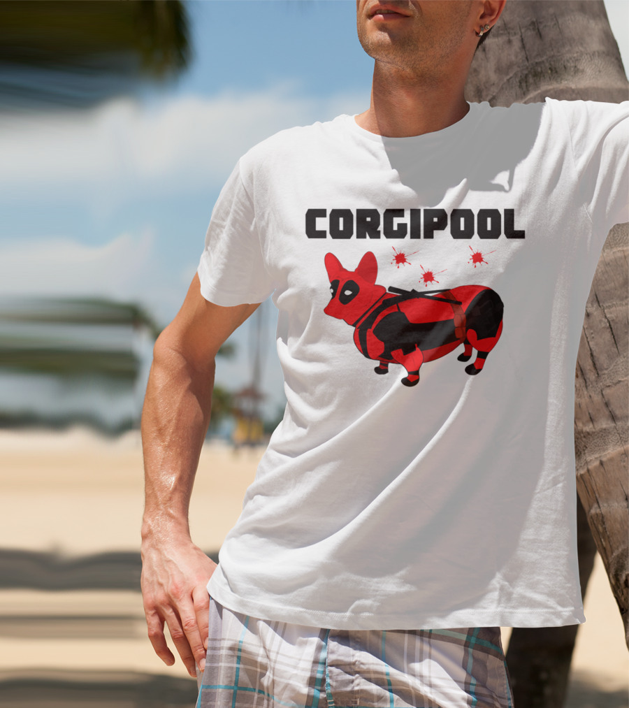 Corgipool Corgi Deadpool Parody With Red And Black Costume And Comic-Style Font T-Shirt
