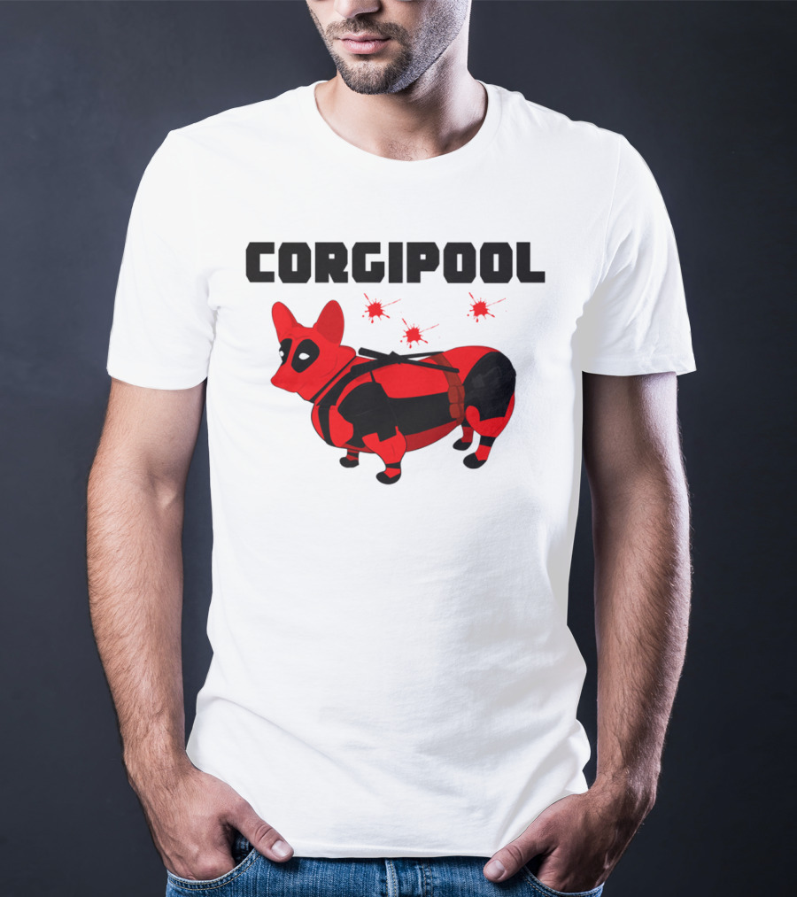 Corgipool Corgi Deadpool Parody With Red And Black Costume And Comic-Style Font T-Shirt