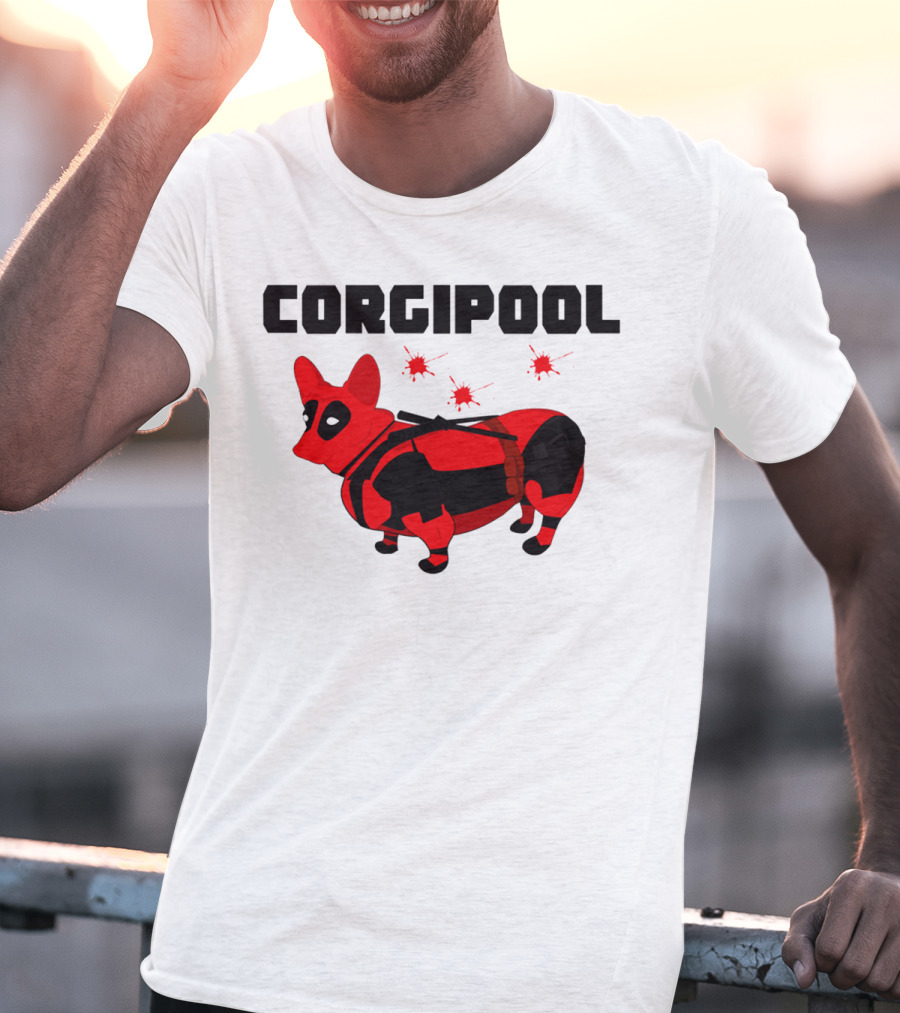 Corgipool Corgi Deadpool Parody With Red And Black Costume And Comic-Style Font T-Shirt