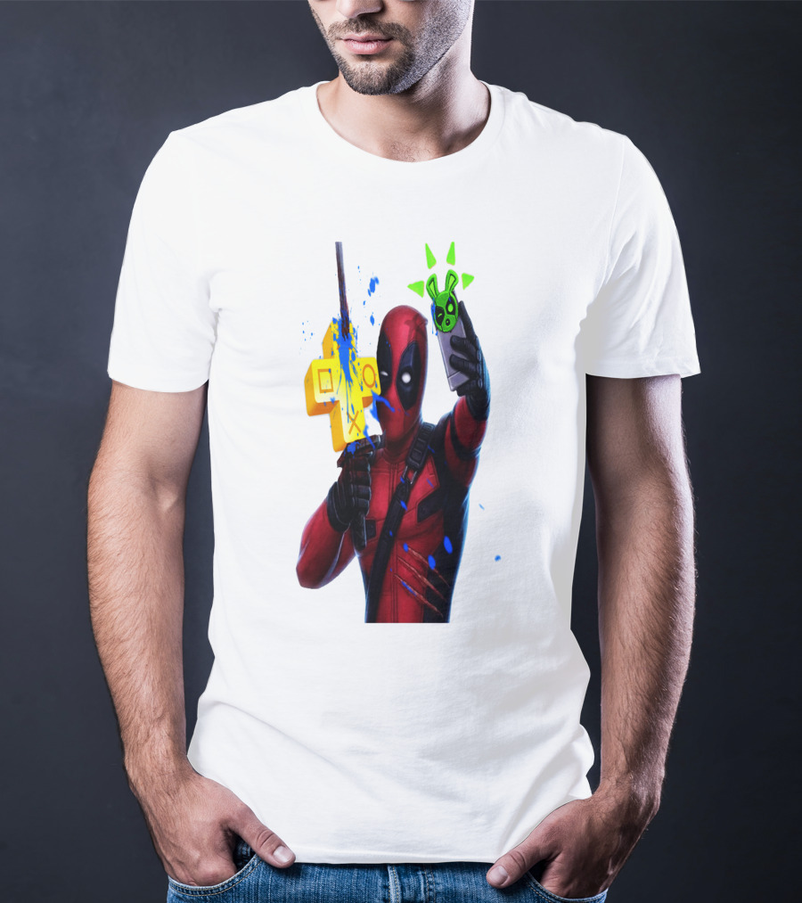 Deadpool Videogame Gamer Selfie With Iconic Controller And Green Bomb Symbols T-Shirt