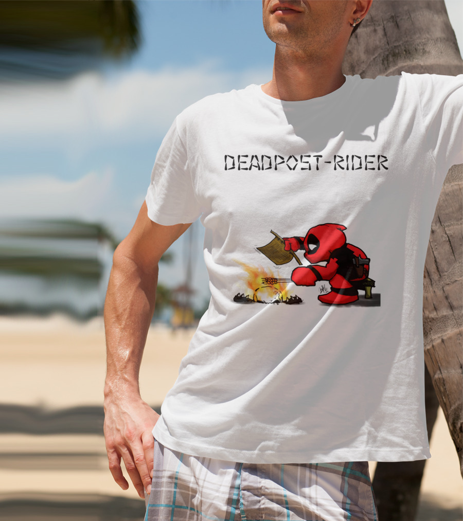 Deadpool Rider Cooking Marshmallow Over Fire Cartoon Scene T-Shirt