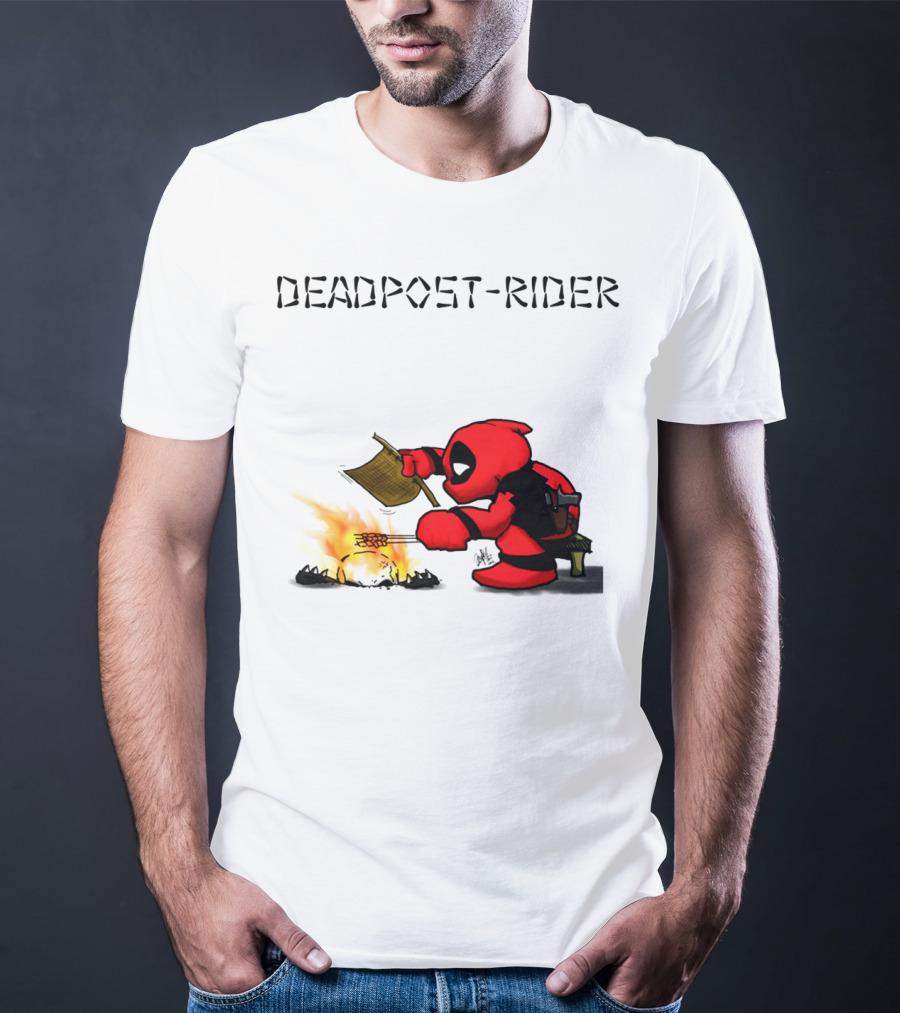 Deadpool Rider Cooking Marshmallow Over Fire Cartoon Scene T-Shirt