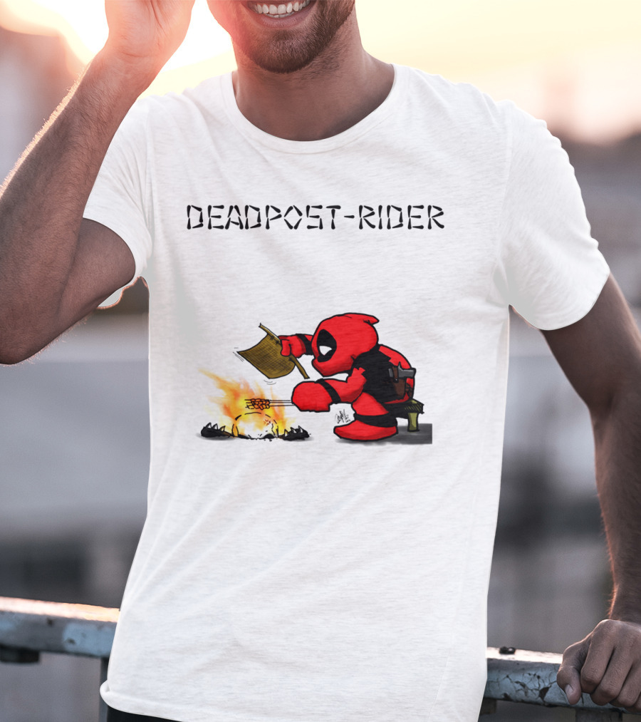 Deadpool Rider Cooking Marshmallow Over Fire Cartoon Scene T-Shirt