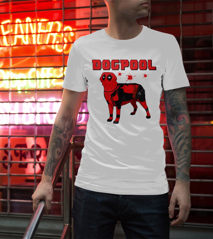 DOGPOOL Inspired By Deadpool With Red Suit And Splattered Background T-Shirt