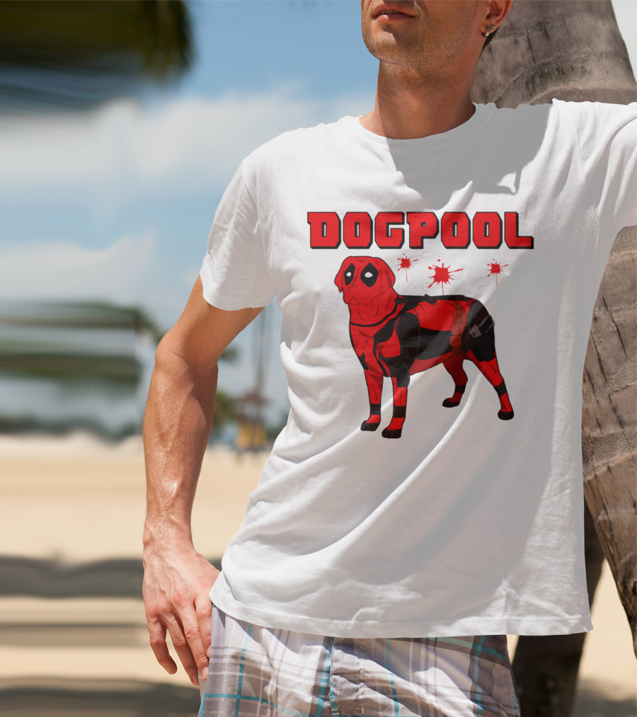 DOGPOOL Inspired By Deadpool With Red Suit And Splattered Background T-Shirt