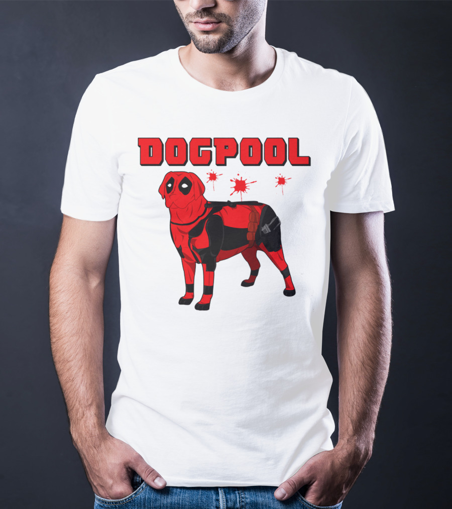 DOGPOOL Inspired By Deadpool With Red Suit And Splattered Background T-Shirt