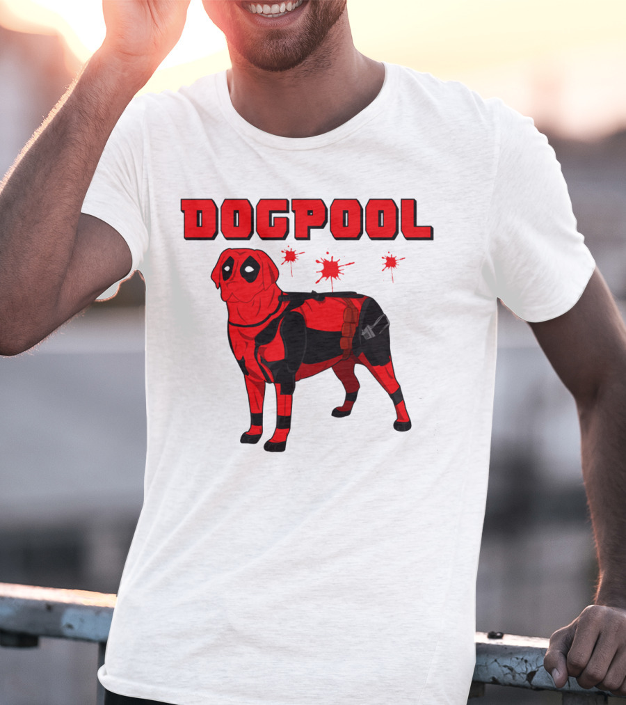 DOGPOOL Inspired By Deadpool With Red Suit And Splattered Background T-Shirt