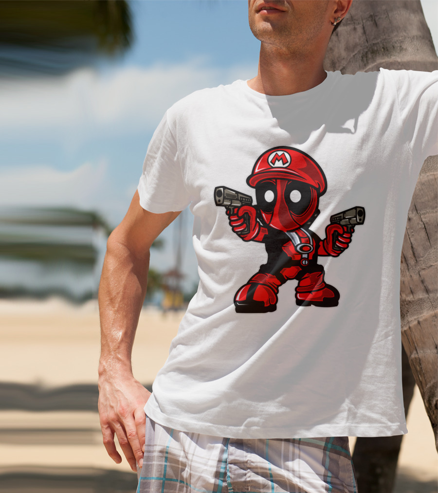 Deadpool Mario Parody Crossover Character With Guns T-Shirt
