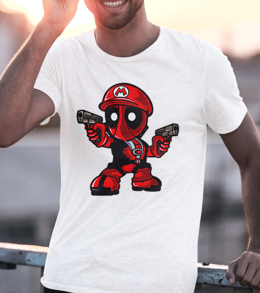 Deadpool Mario Parody Crossover Character With Guns T-Shirt