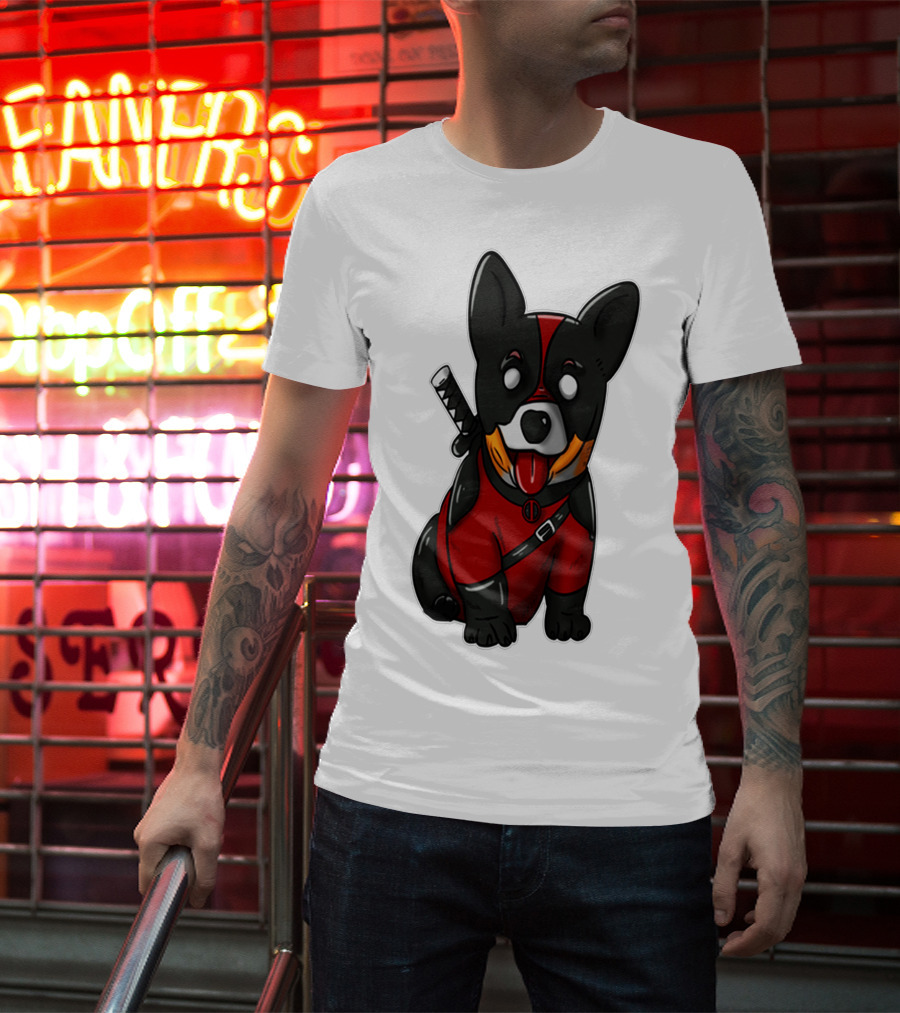 Corgipool Corgi Deadpool Merchandise Red Black Costume Sword Dog Iconic Character Image T-Shirt