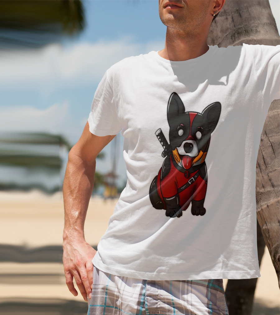 Corgipool Corgi Deadpool Merchandise Red Black Costume Sword Dog Iconic Character Image T-Shirt