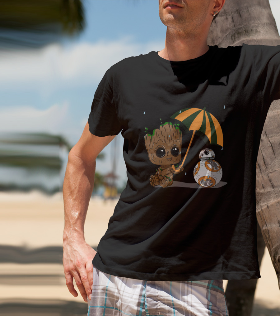 Groot And BB-8 Under Orange Green Umbrella With Raindrops T-Shirt