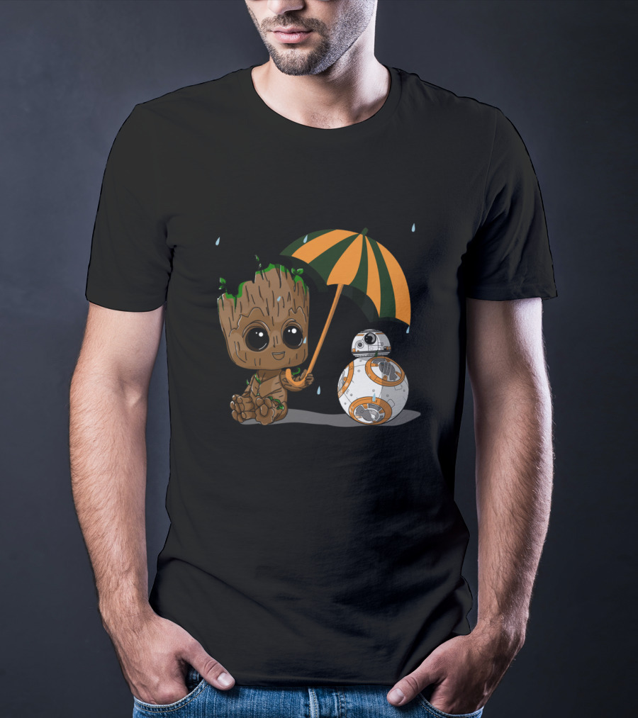 Groot And BB-8 Under Orange Green Umbrella With Raindrops T-Shirt