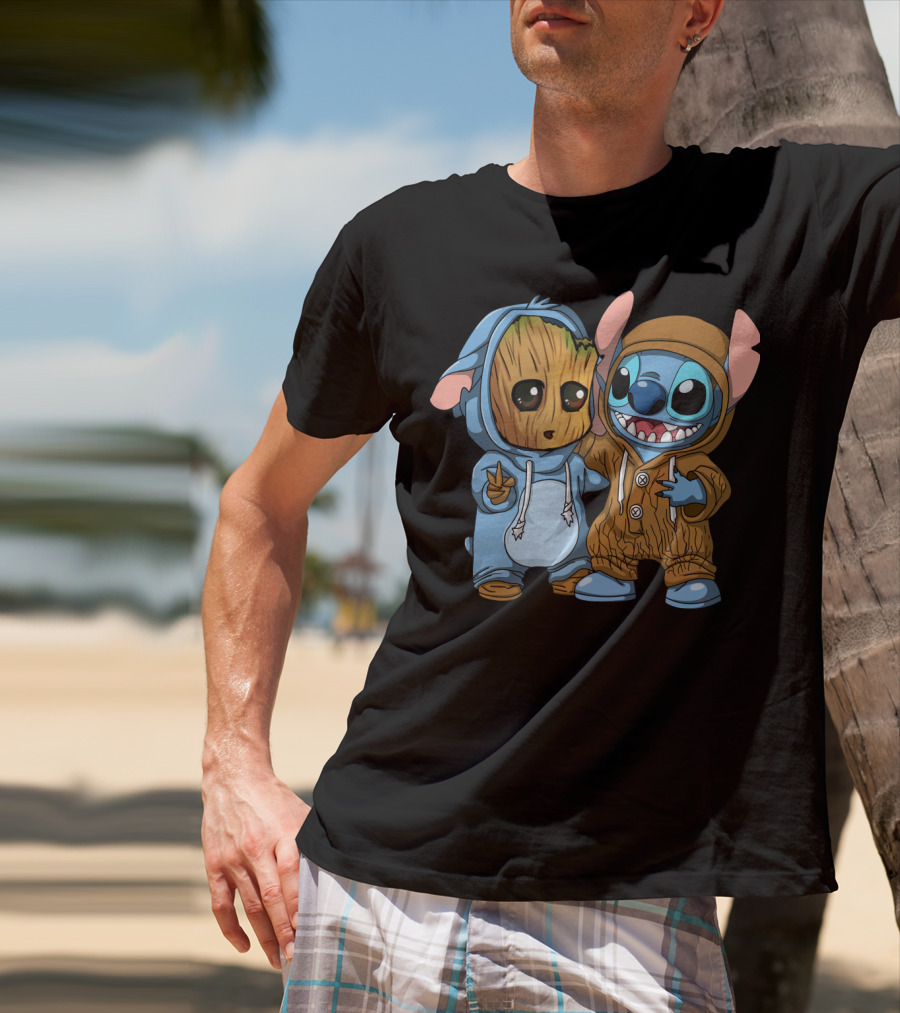 Adorable Groot And Stitch Crossover In Costume Friendship T-Shirt