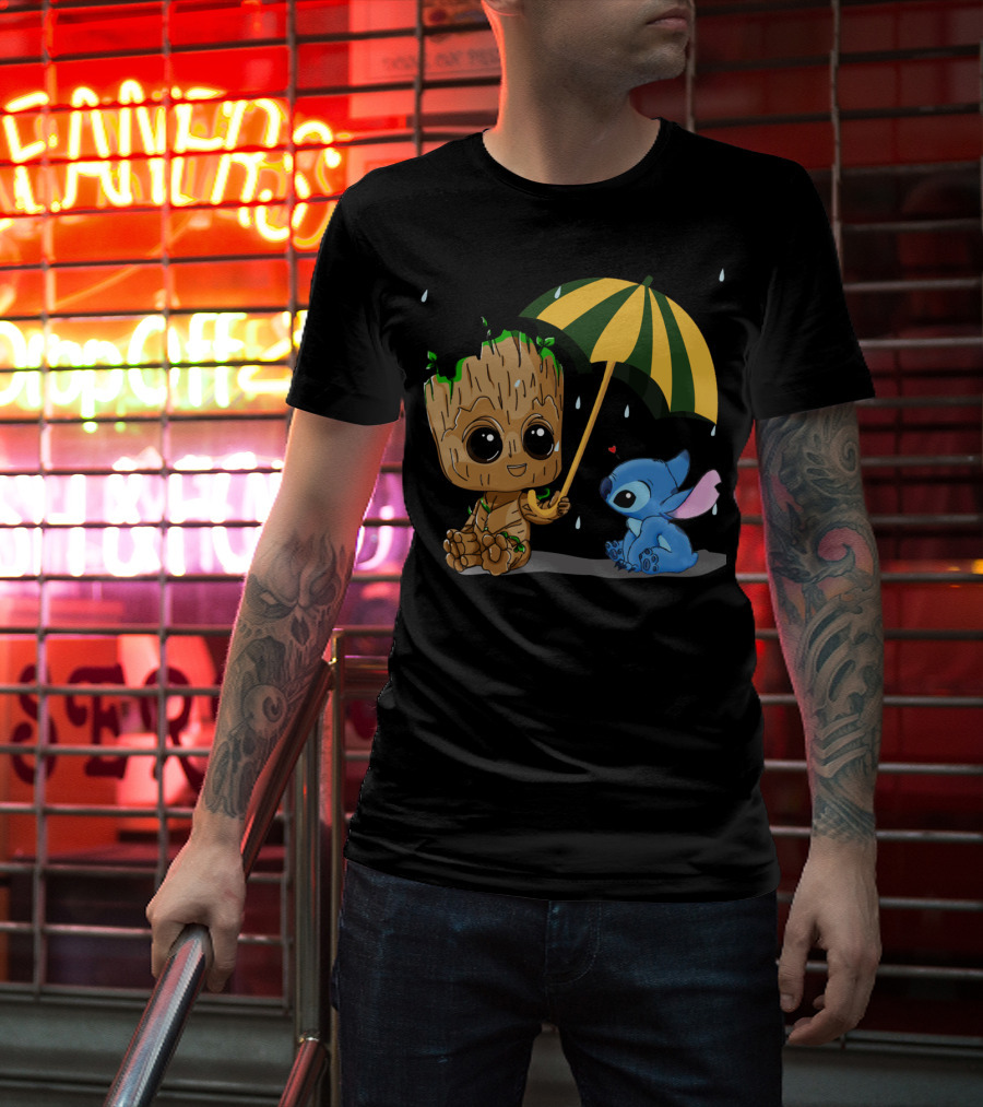 Groot And Little Stitch Friendship Under Umbrella With Raindrops And Heart T-Shirt
