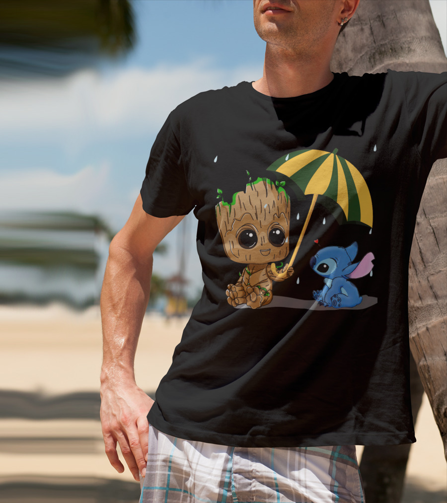 Groot And Little Stitch Friendship Under Umbrella With Raindrops And Heart T-Shirt