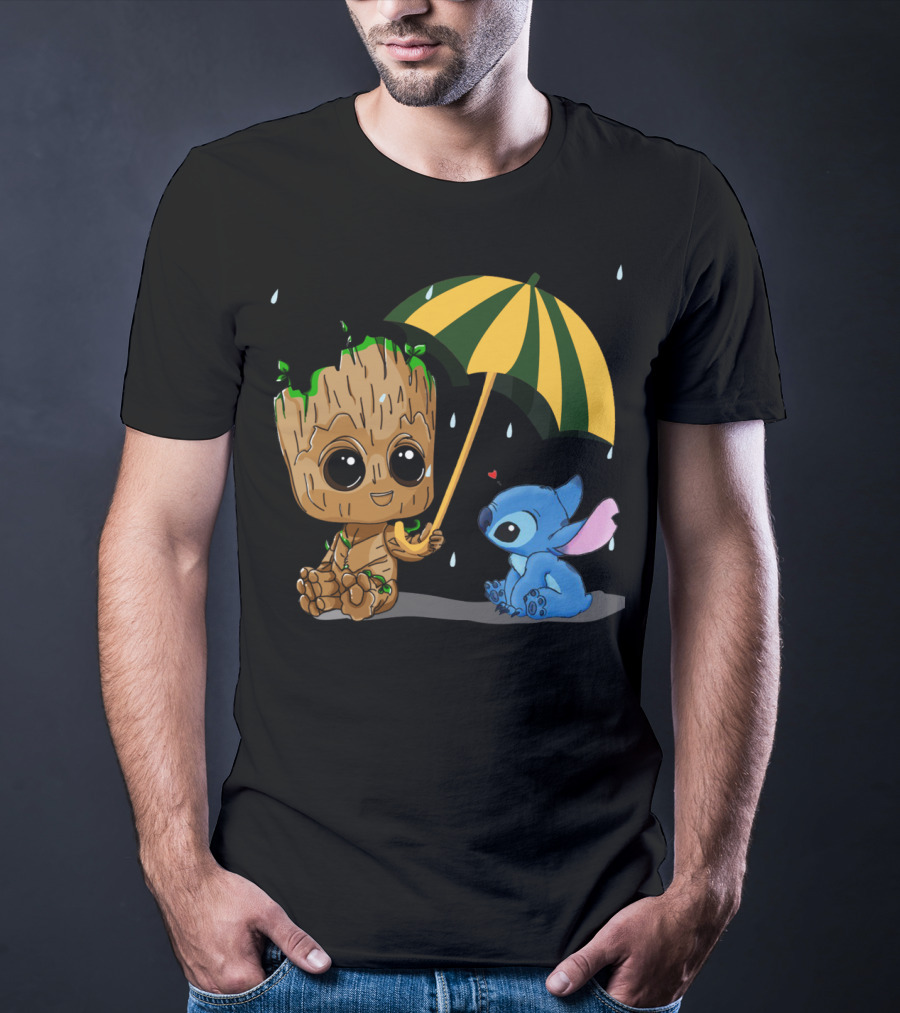 Groot And Little Stitch Friendship Under Umbrella With Raindrops And Heart T-Shirt