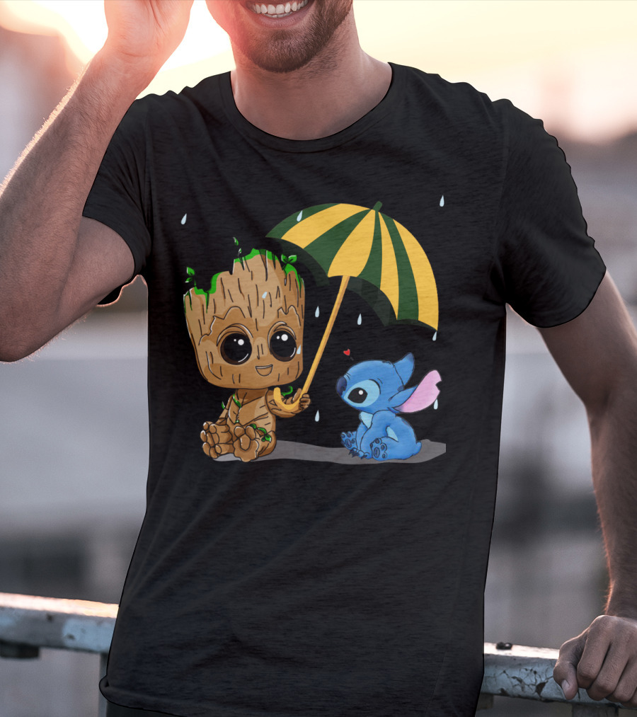 Groot And Little Stitch Friendship Under Umbrella With Raindrops And Heart T-Shirt