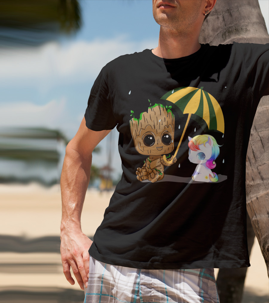 Groot Holding Umbrella Sitting With Cute Rainbow Unicorn T-Shirt