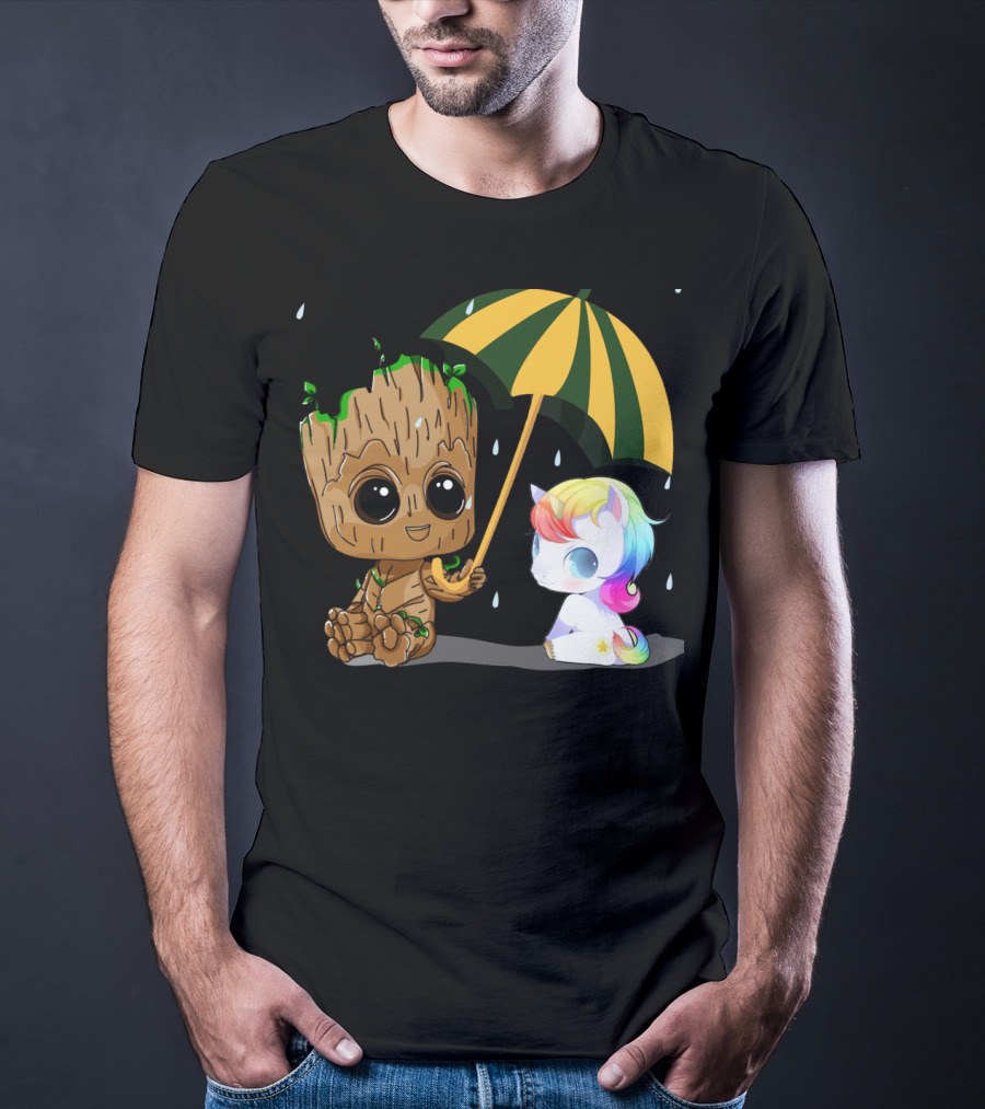 Groot Holding Umbrella Sitting With Cute Rainbow Unicorn T-Shirt