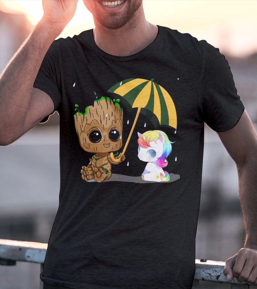 Groot Holding Umbrella Sitting With Cute Rainbow Unicorn T-Shirt