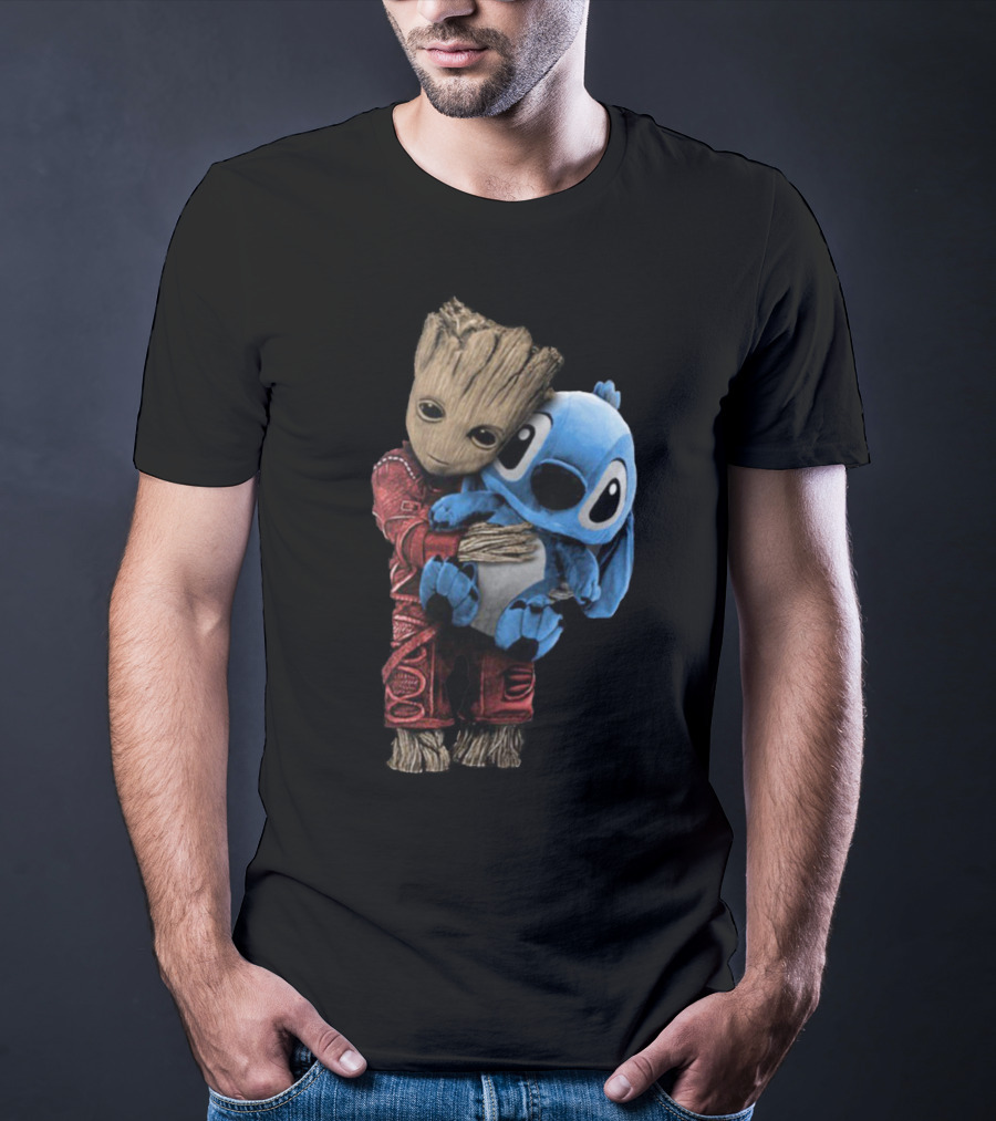 Groot And Baby Stitch Hugging Compilation Disney Marvel Crossover T-Shirt