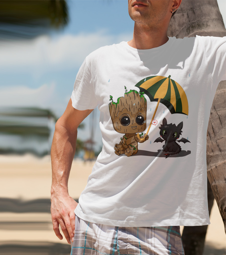 Groot And Little Hiccup Dragon Sharing Umbrella In The Rain T-Shirt