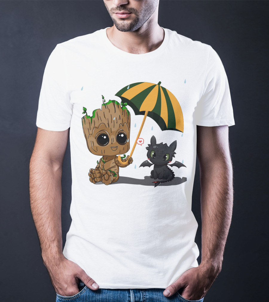 Groot And Little Hiccup Dragon Sharing Umbrella In The Rain T-Shirt