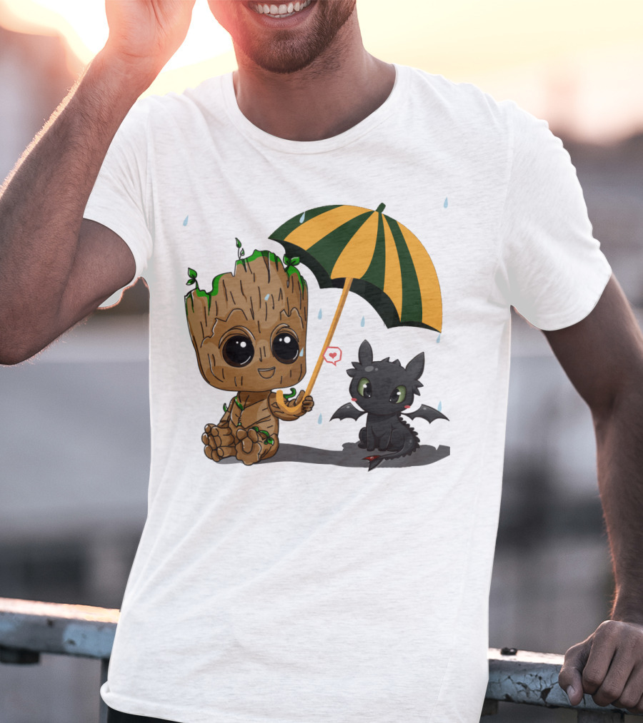 Groot And Little Hiccup Dragon Sharing Umbrella In The Rain T-Shirt