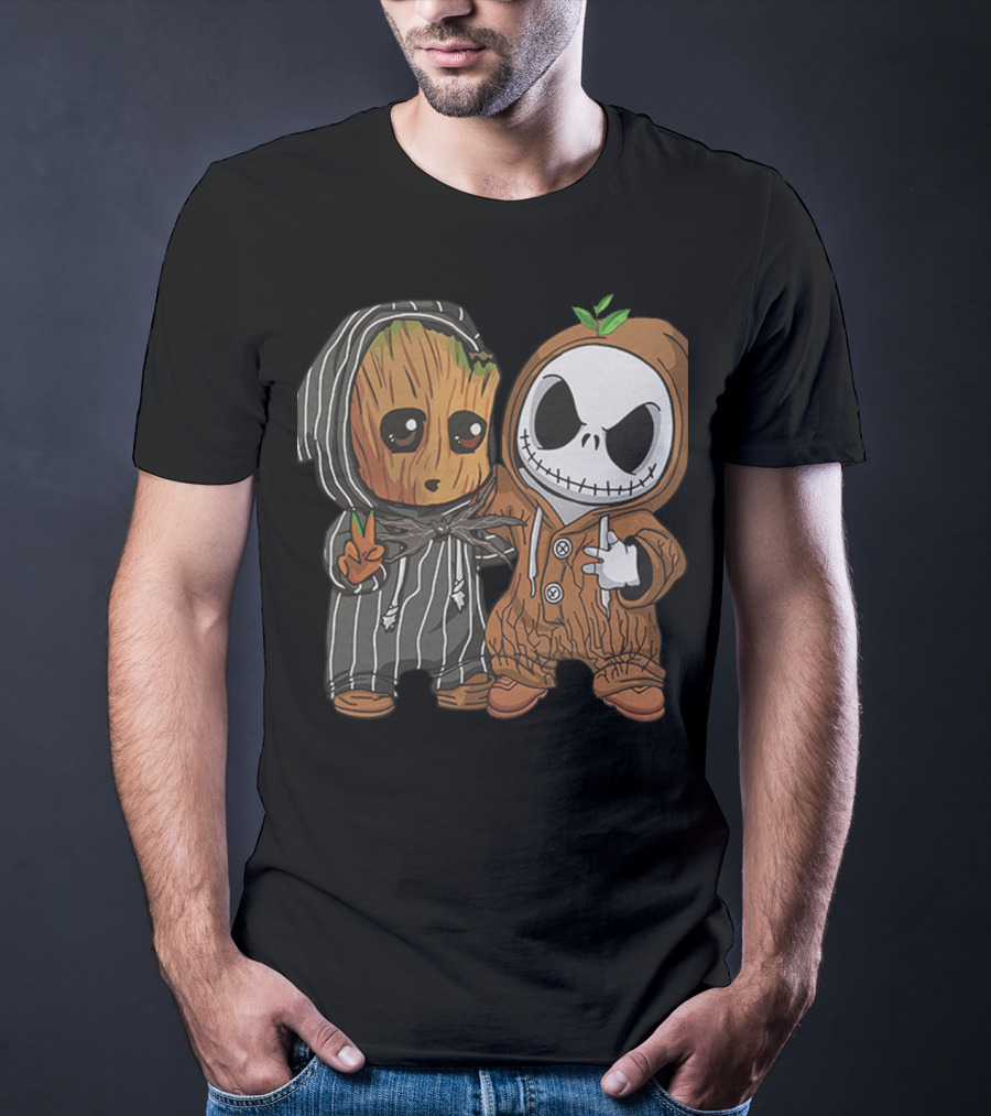 Groot In Striped Hoodie And Jack Skellington In Wood-Patterned Suit T-Shirt