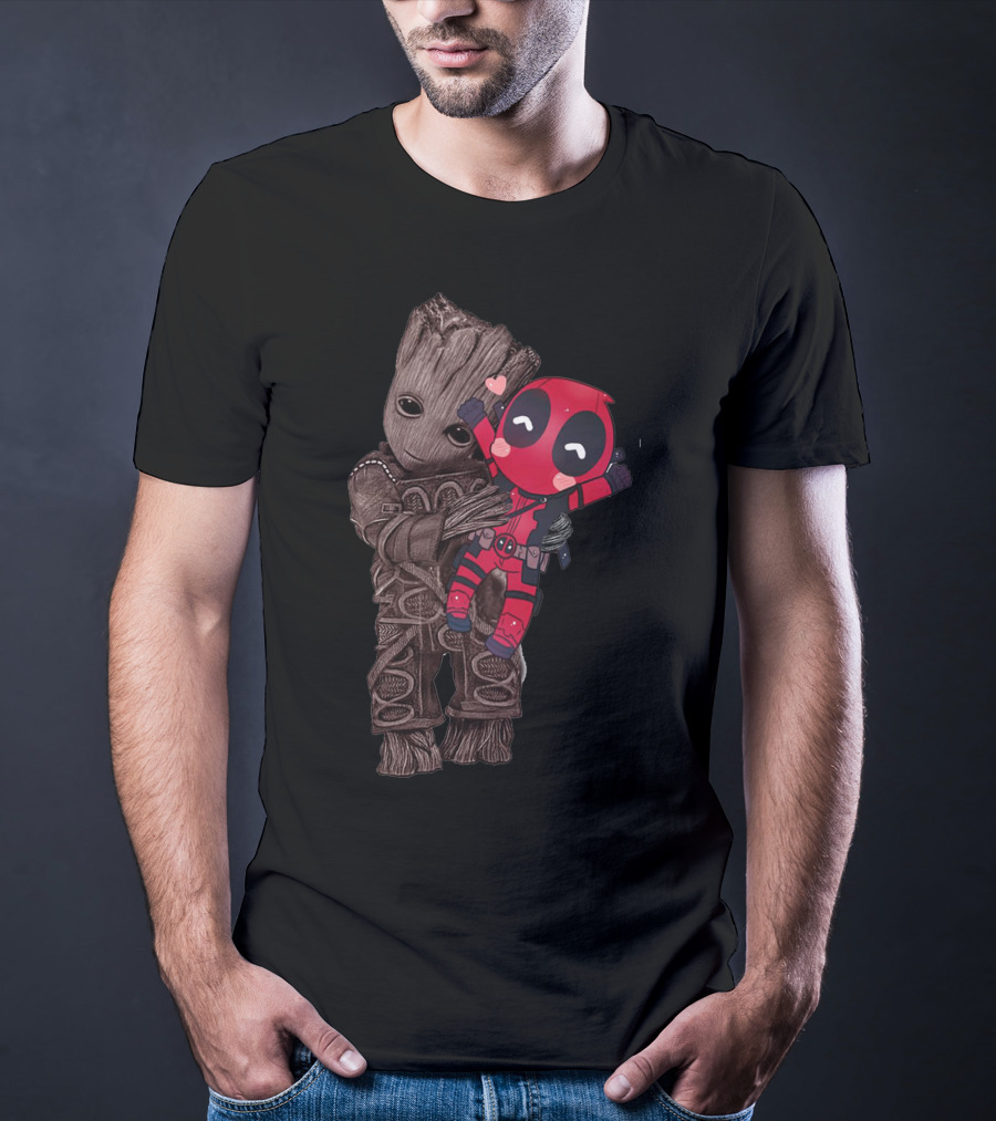 Groot Hugging Chibi Deadpool With Hearts T-Shirt