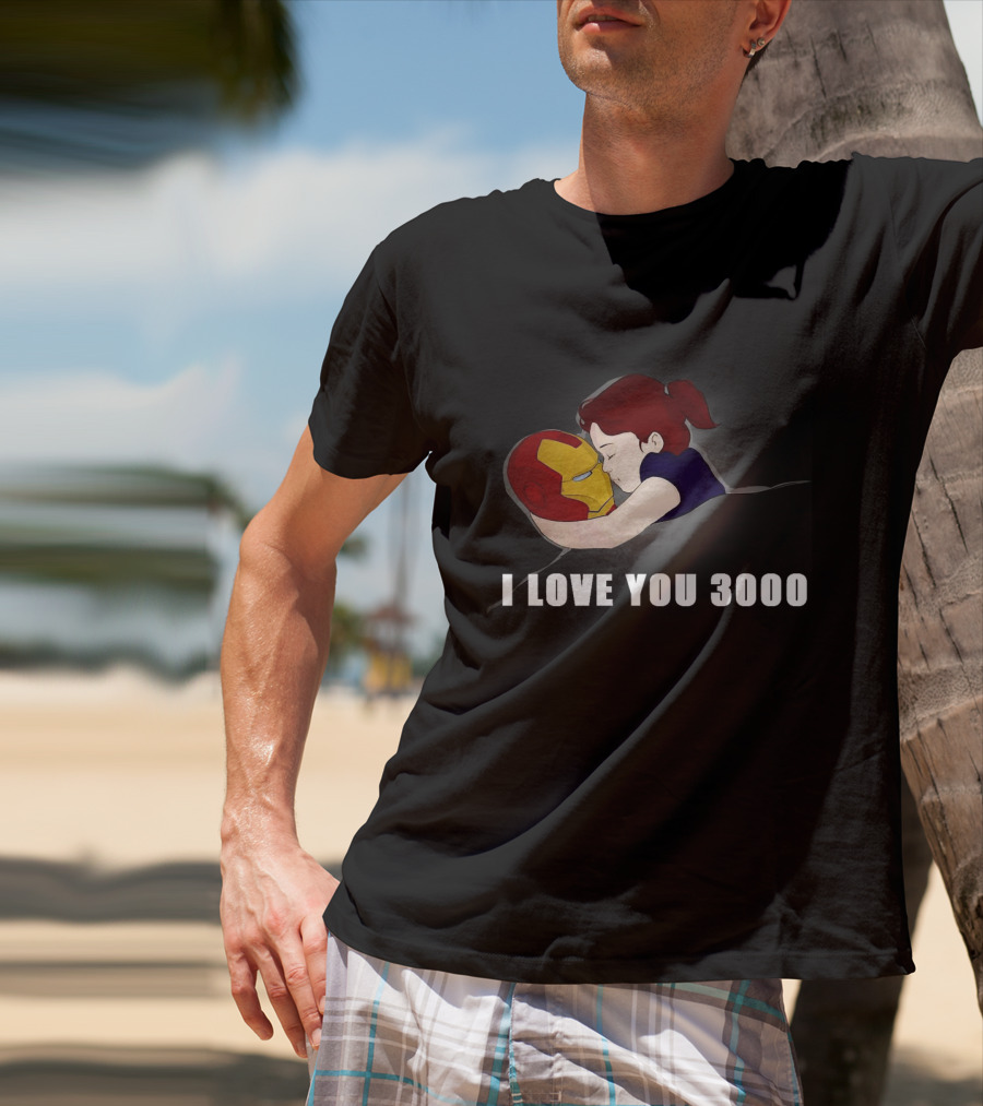 Morgan Stark Hugging Iron Man Helmet With I Love You 3000 Text T-Shirt