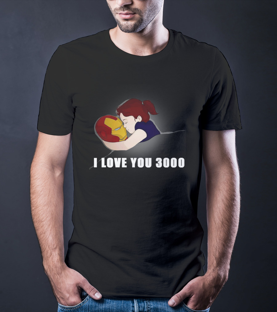 Morgan Stark Hugging Iron Man Helmet With I Love You 3000 Text T-Shirt