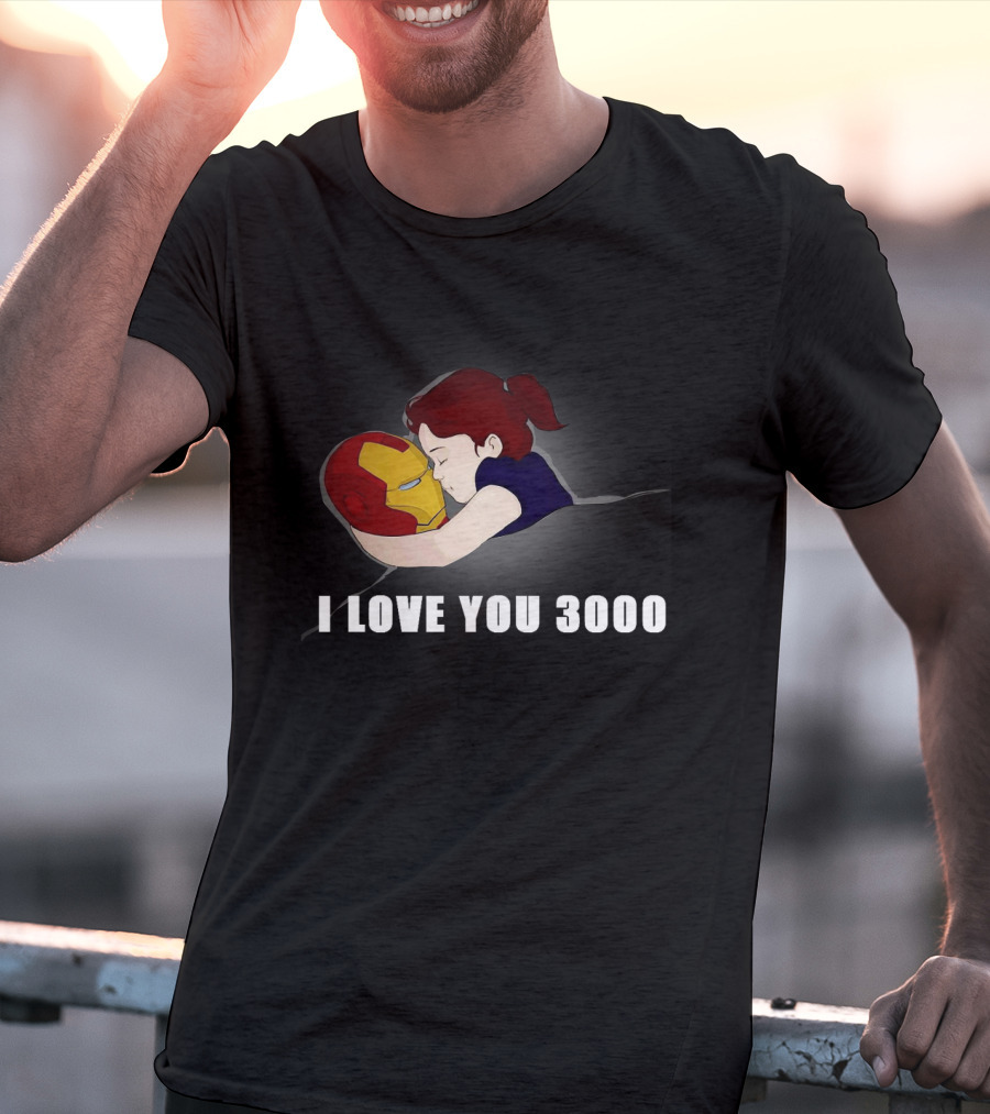 Morgan Stark Hugging Iron Man Helmet With I Love You 3000 Text T-Shirt
