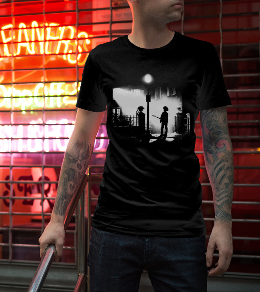 Curexorcist Gothic Silhouette Under Streetlight With Guitar In Black And White Urban Scene T-Shirt