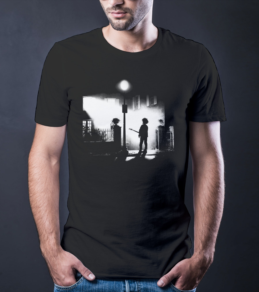 Curexorcist Gothic Silhouette Under Streetlight With Guitar In Black And White Urban Scene T-Shirt