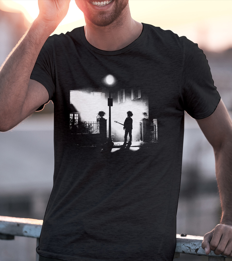Curexorcist Gothic Silhouette Under Streetlight With Guitar In Black And White Urban Scene T-Shirt