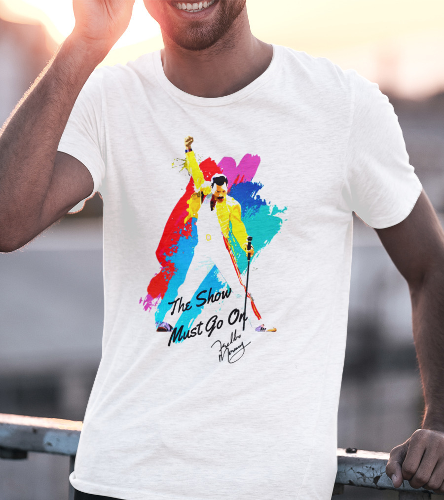 Queen The Show Must Go On Signature Artwork Colorful Freddie Mercury Image T-Shirt