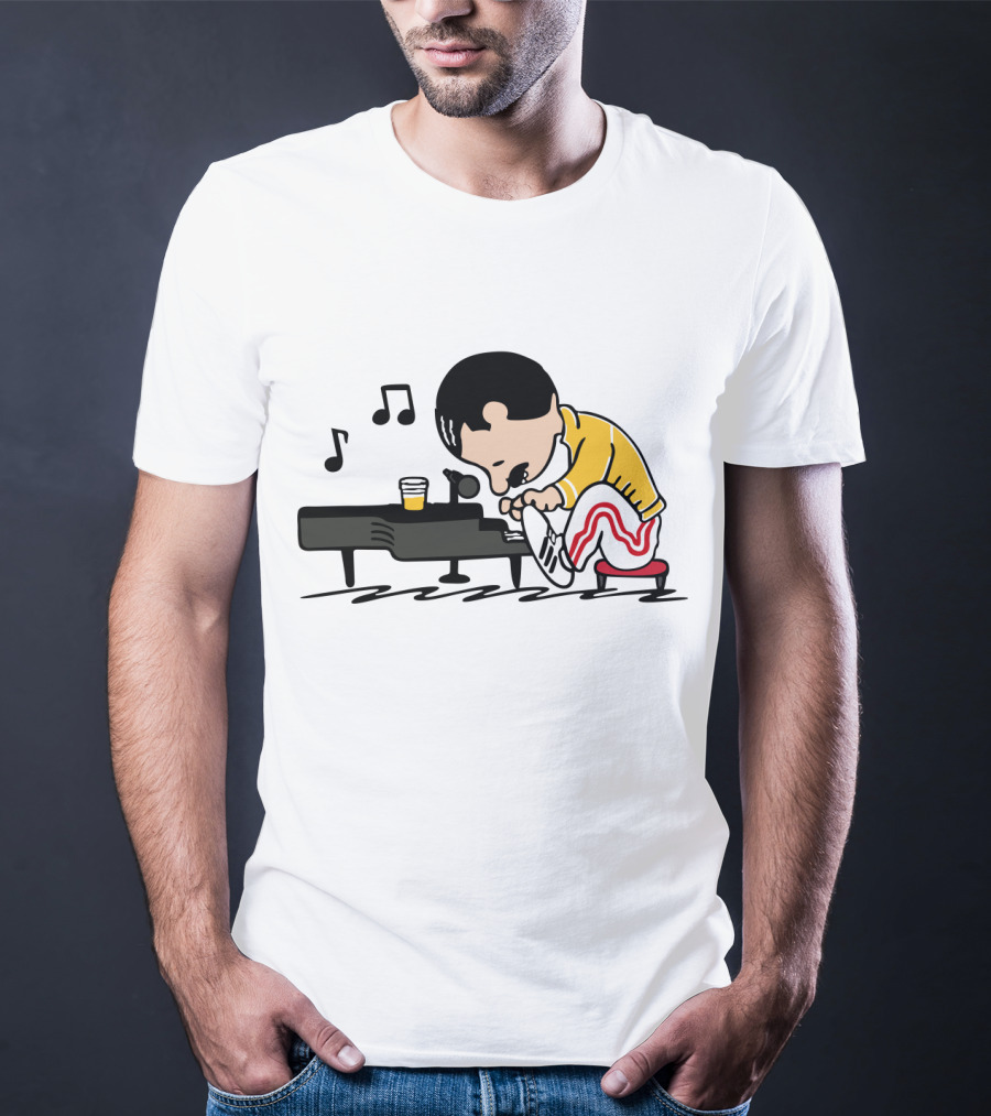 Freddie Mercury Cartoon At Piano With Music Notes And Beer Glass T-Shirt