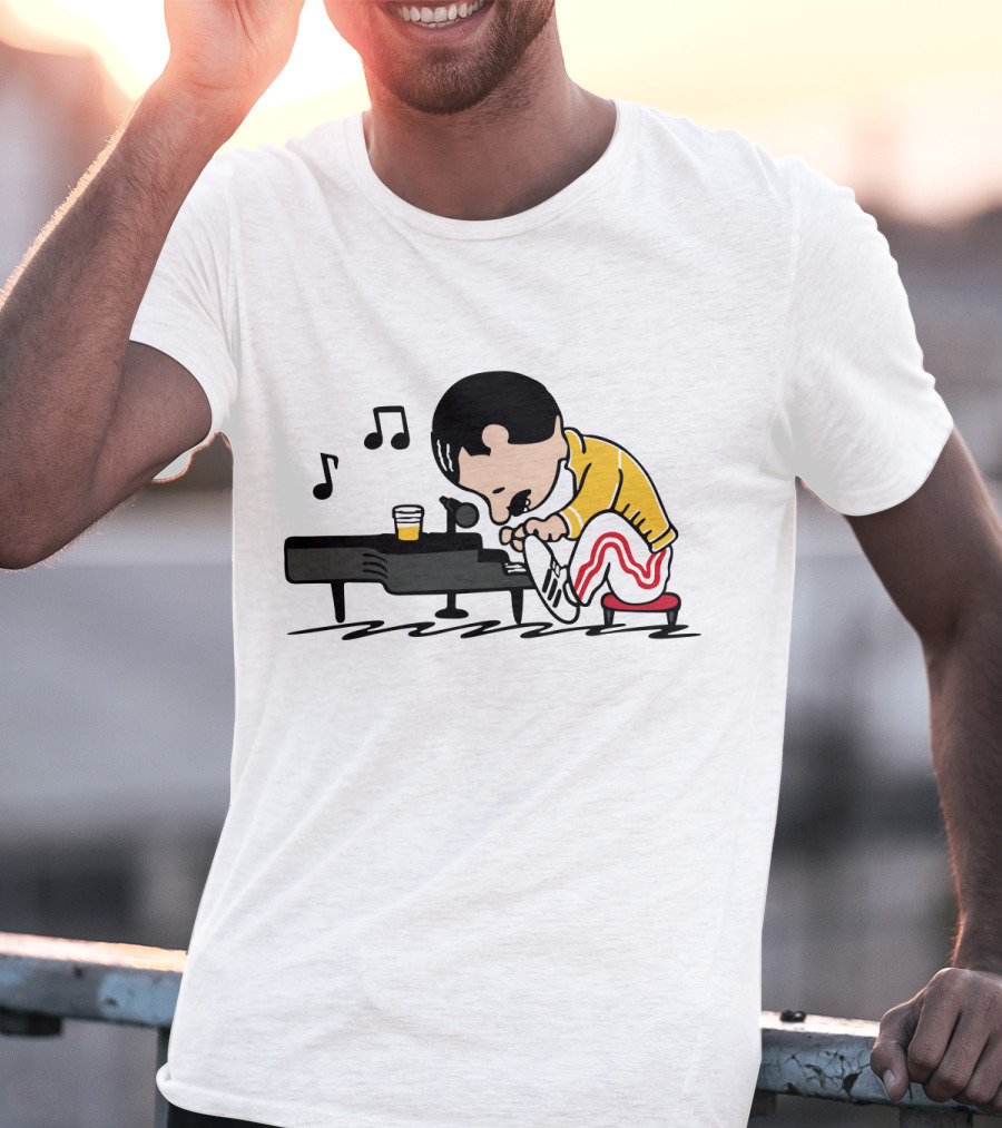 Freddie Mercury Cartoon At Piano With Music Notes And Beer Glass T-Shirt
