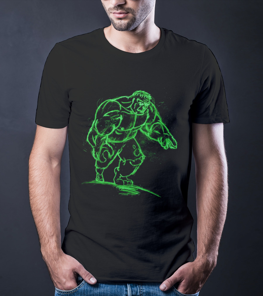 Green Neon Sketch Of Hulk In Dynamic Stance T-Shirt