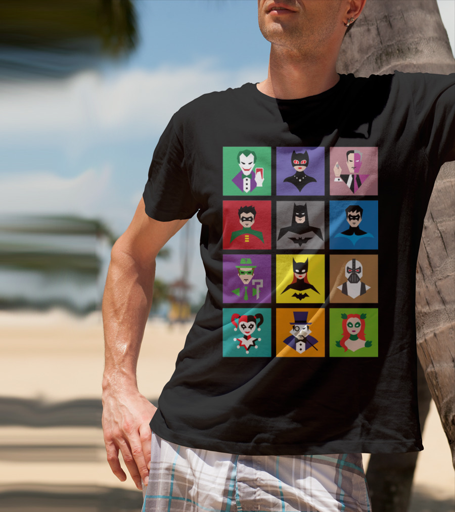 Batman Animated Villains Heroes Joker Catwoman Two-Face Robin Nightwing Riddler Batgirl Bane Harley Quinn Penguin Poison Ivy T-Shirt
